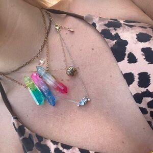 Rainbow Quartz Point Necklace: Handmade Boho Gold Chain Crystal Jewelry